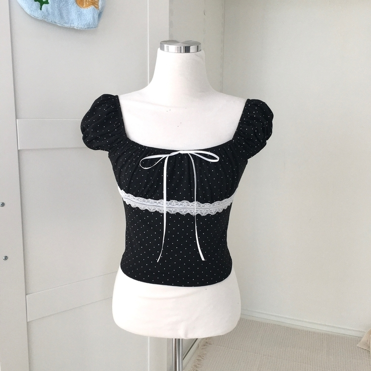 오프숄더 리본 도트 세미크롭 나시 반팔티셔츠 여름 키치