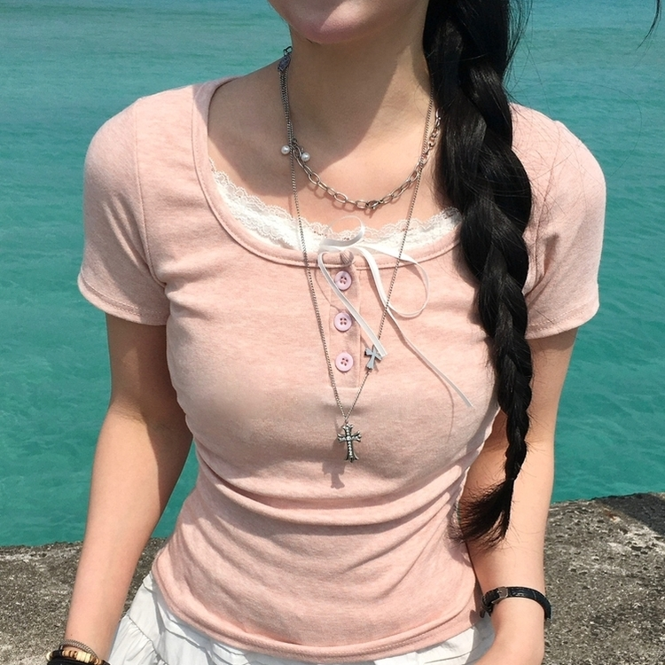 シャーリングレースレイヤード半袖Tシャツ(5color) PINK