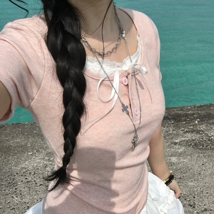 シャーリングレースレイヤード半袖Tシャツ(5color) PINK