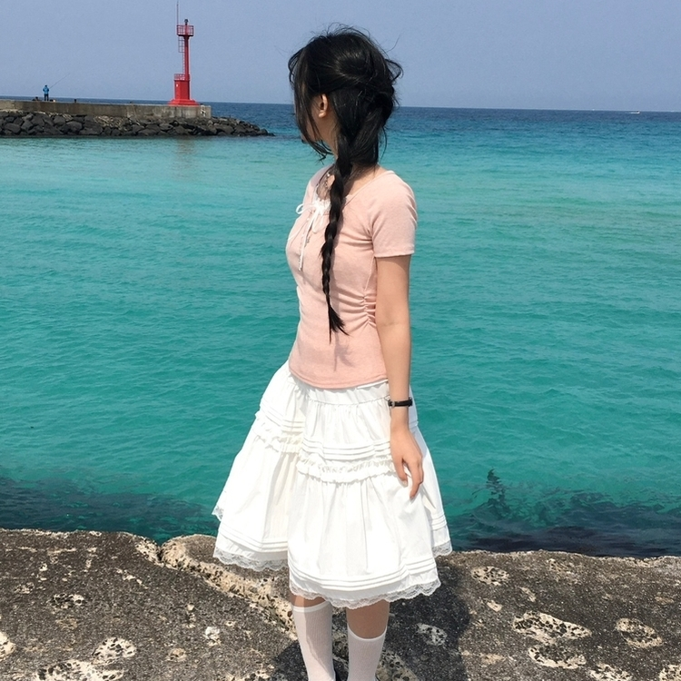 シャーリングレースレイヤード半袖Tシャツ(5color) PINK