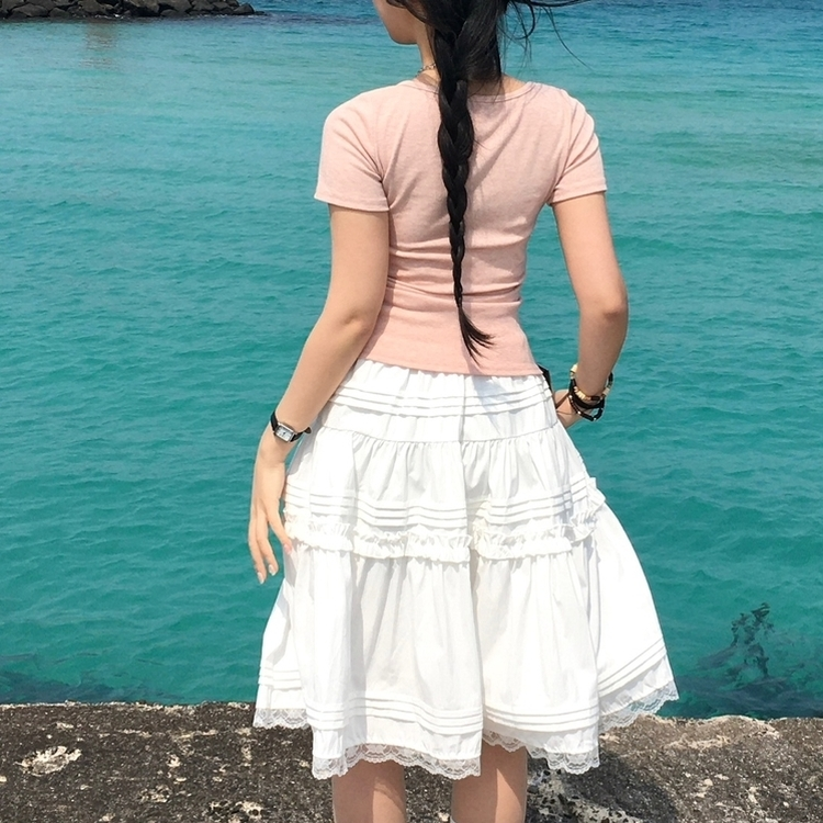 シャーリングレースレイヤード半袖Tシャツ(5color) PINK