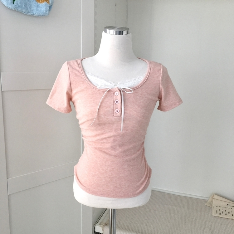 シャーリングレースレイヤード半袖Tシャツ(5color)