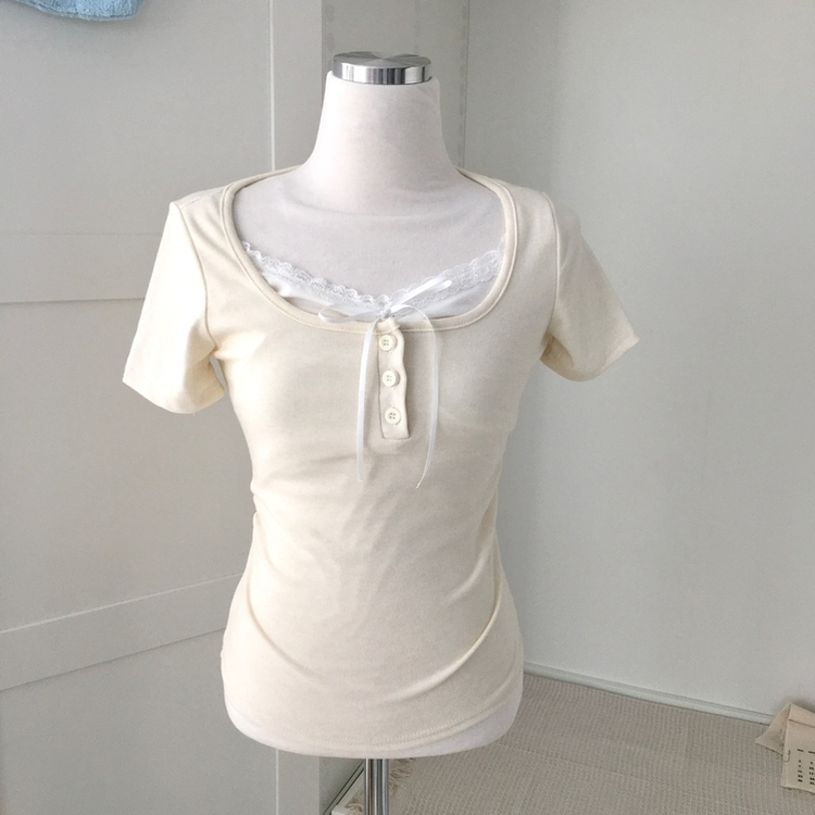 シャーリングレースレイヤード半袖Tシャツ(5color)