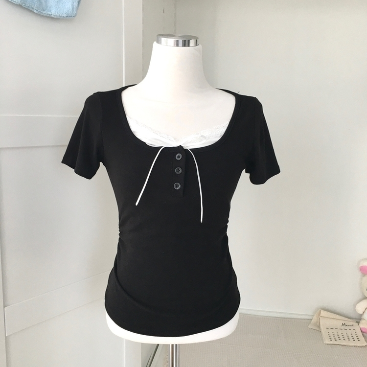 シャーリングレースレイヤード半袖Tシャツ(5color)