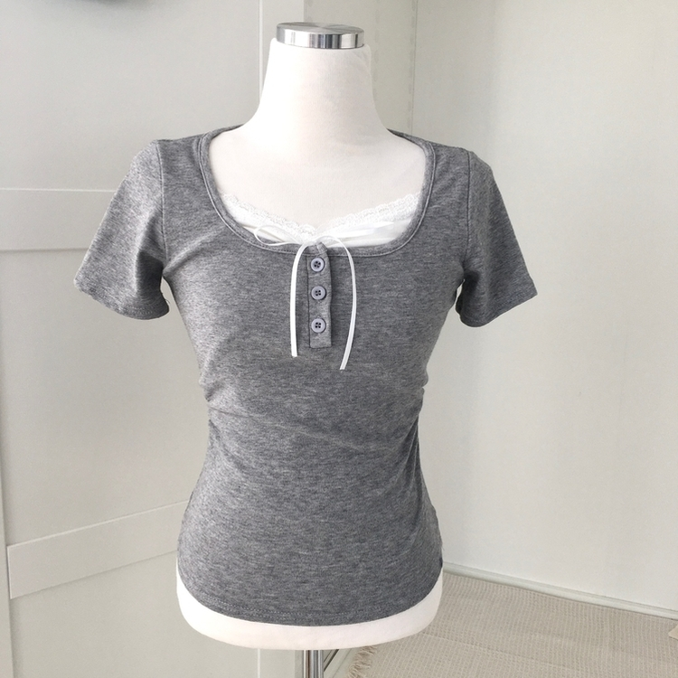 シャーリングレースレイヤード半袖Tシャツ(5color)