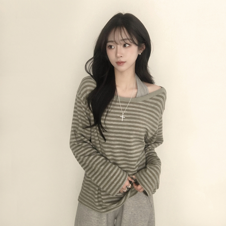 캔디 단가라 보트넥 오버핏 봄 스트라이프 긴팔 티셔츠 루즈핏 오프숄더 데일리 상의 3color 연두