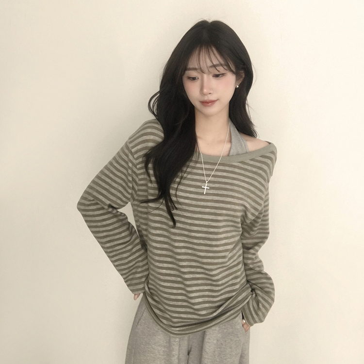 캔디 단가라 보트넥 오버핏 봄 스트라이프 긴팔 티셔츠 루즈핏 오프숄더 데일리 상의 3color 연두