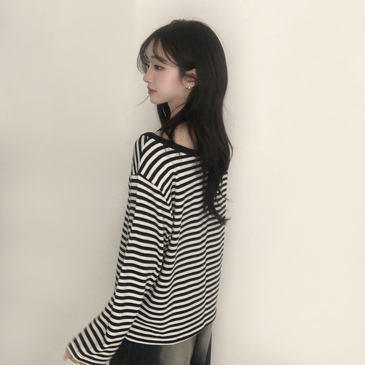 캔디 단가라 보트넥 오버핏 봄 스트라이프 긴팔 티셔츠 루즈핏 오프숄더 데일리 상의 3color 아이보리