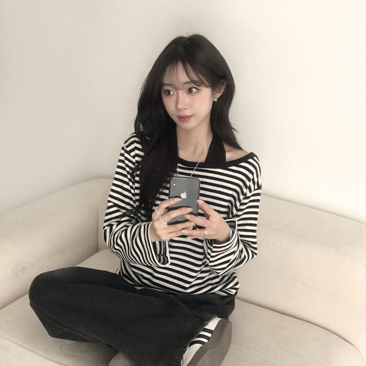 캔디 단가라 보트넥 오버핏 봄 스트라이프 긴팔 티셔츠 루즈핏 오프숄더 데일리 상의 3color 아이보리