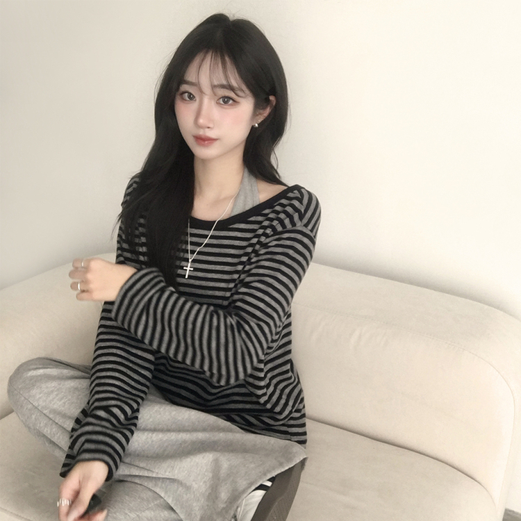캔디 단가라 보트넥 오버핏 봄 스트라이프 긴팔 티셔츠 루즈핏 오프숄더 데일리 상의 3color 블랙