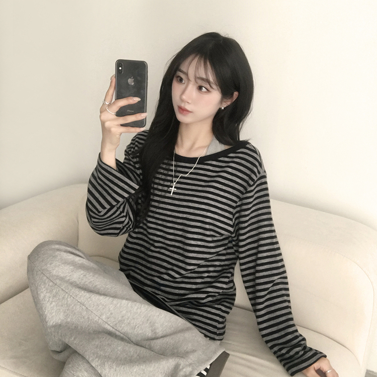 캔디 단가라 보트넥 오버핏 봄 스트라이프 긴팔 티셔츠 루즈핏 오프숄더 데일리 상의 3color 블랙