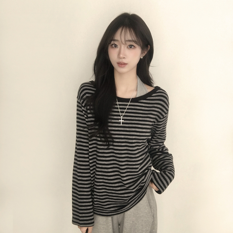 캔디 단가라 보트넥 오버핏 봄 스트라이프 긴팔 티셔츠 루즈핏 오프숄더 데일리 상의 3color 블랙