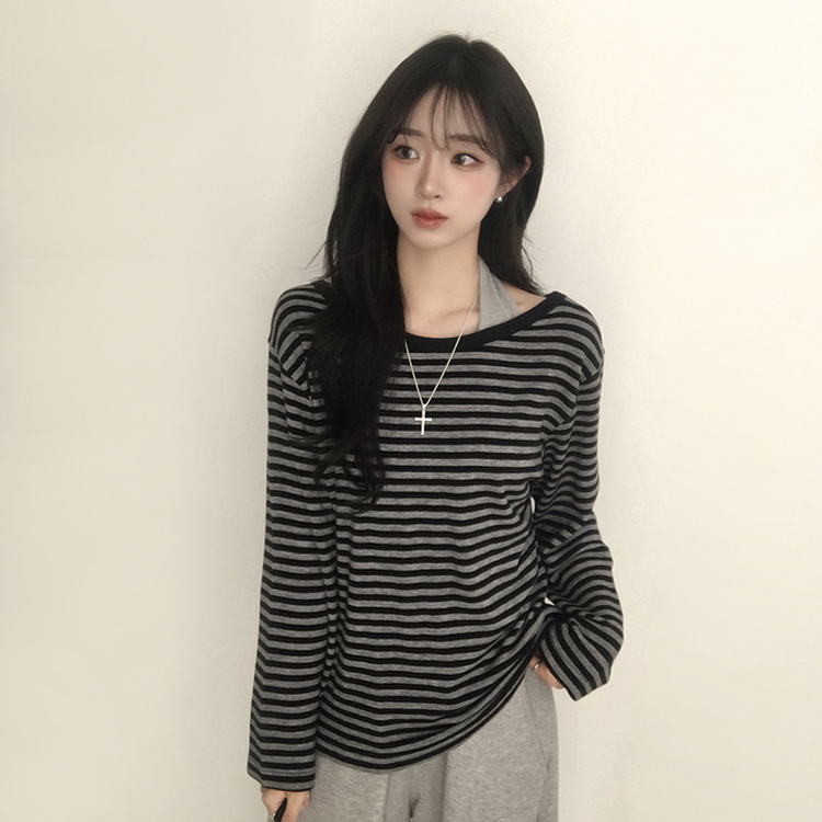 캔디 단가라 보트넥 오버핏 봄 스트라이프 긴팔 티셔츠 루즈핏 오프숄더 데일리 상의 3color 블랙