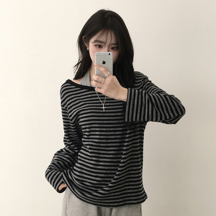 캔디 단가라 보트넥 오버핏 봄 스트라이프 긴팔 티셔츠 루즈핏 오프숄더 데일리 상의 3color 블랙