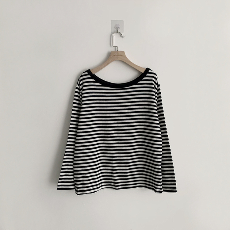 캔디 단가라 보트넥 오버핏 봄 스트라이프 긴팔 티셔츠 루즈핏 오프숄더 데일리 상의 3color