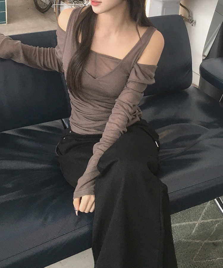 【SET】ウールVネックキャミソール 長袖Tシャツ BROWN