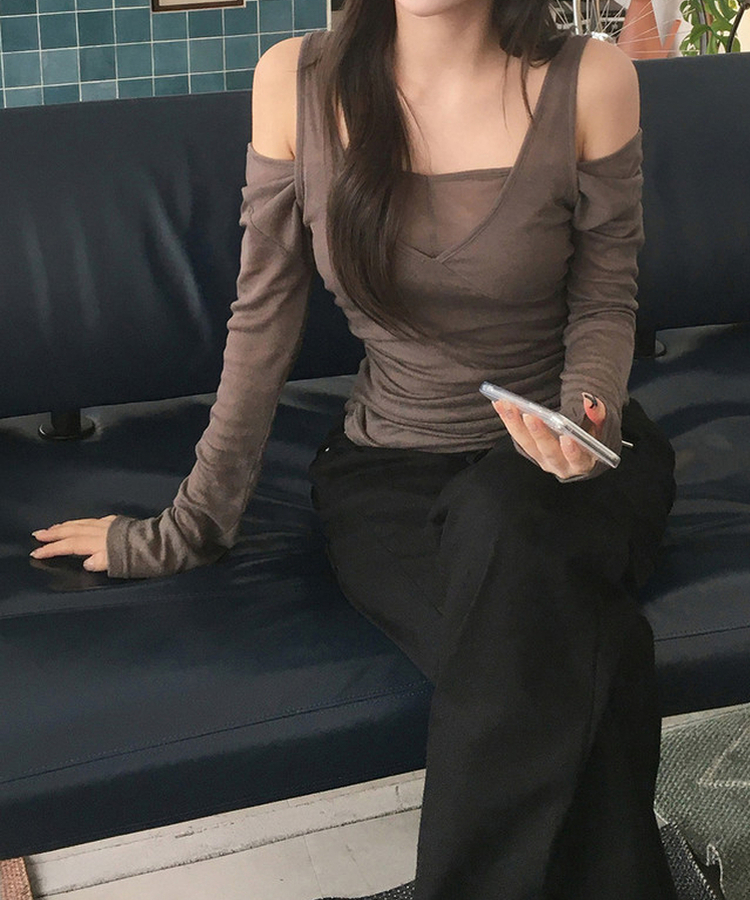 【SET】ウールVネックキャミソール 長袖Tシャツ BROWN