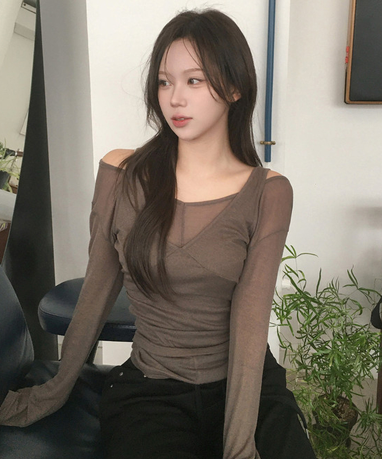 【SET】ウールVネックキャミソール 長袖Tシャツ BROWN