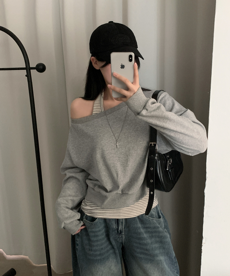 【SET】ストライプホルターキャミソール ワンショルダートレーナー GREY