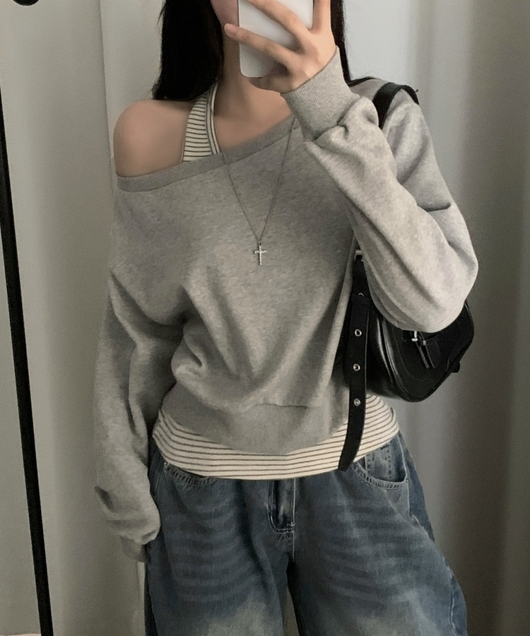 【SET】ストライプホルターキャミソール ワンショルダートレーナー GREY