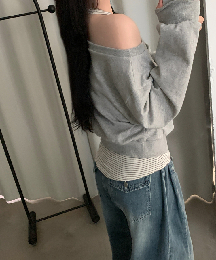 【SET】ストライプホルターキャミソール ワンショルダートレーナー GREY