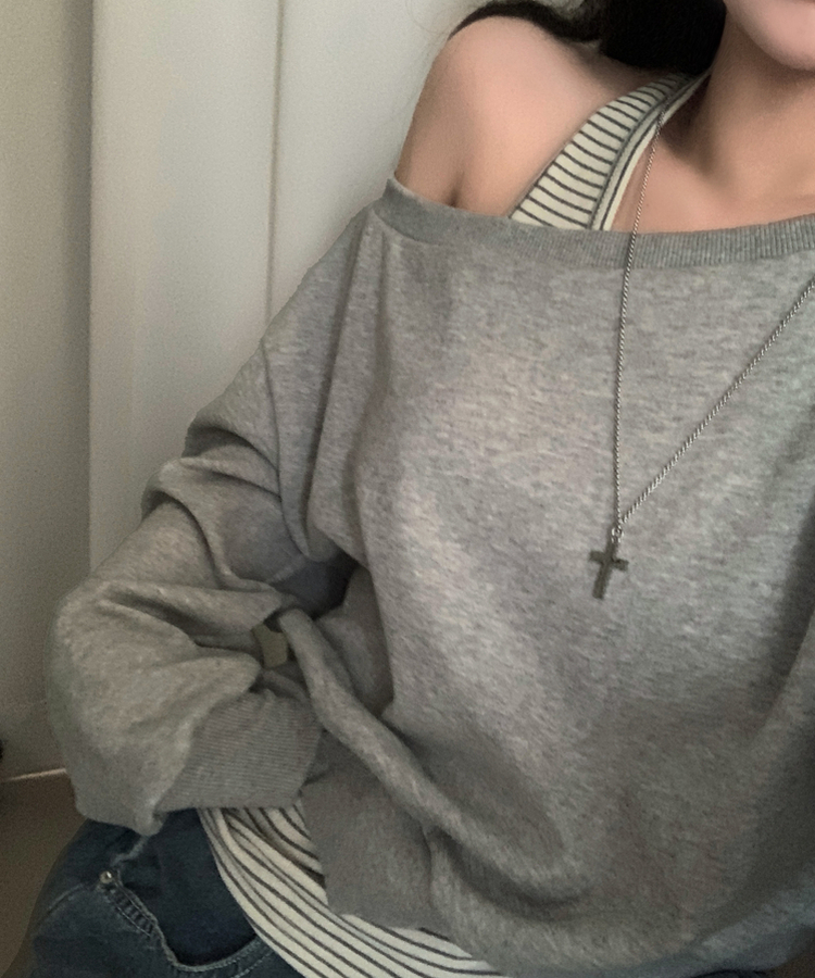 【SET】ストライプホルターキャミソール ワンショルダートレーナー GREY