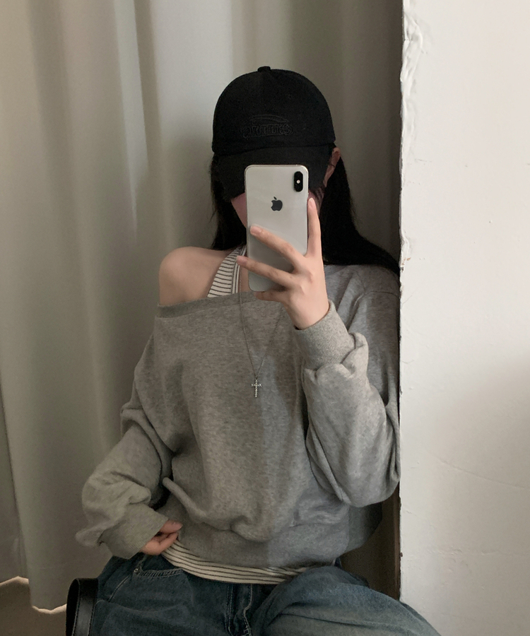 【SET】ストライプホルターキャミソール ワンショルダートレーナー GREY