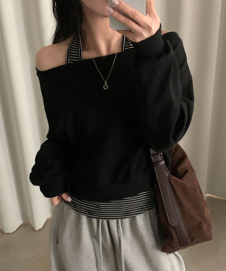 【SET】ストライプホルターキャミソール ワンショルダートレーナー BLACK