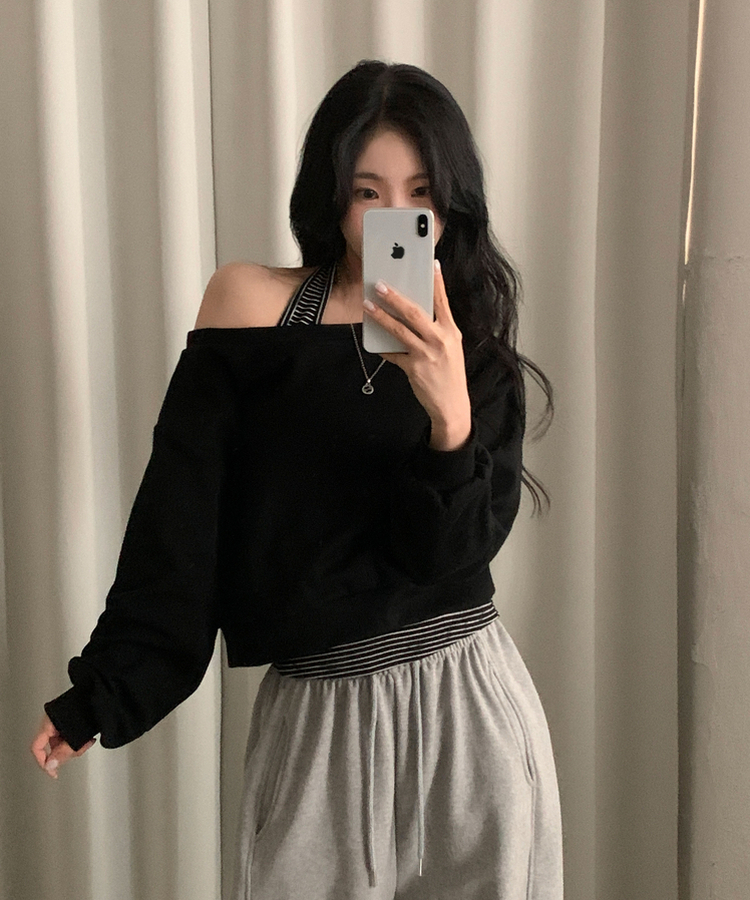 【SET】ストライプホルターキャミソール ワンショルダートレーナー BLACK