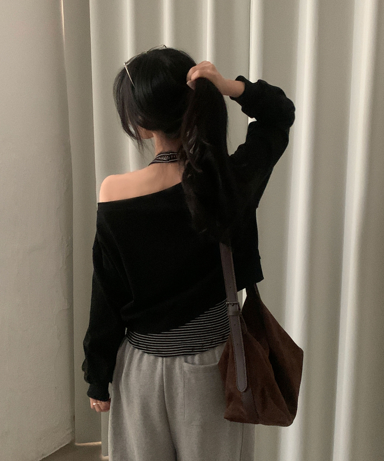 【SET】ストライプホルターキャミソール ワンショルダートレーナー BLACK