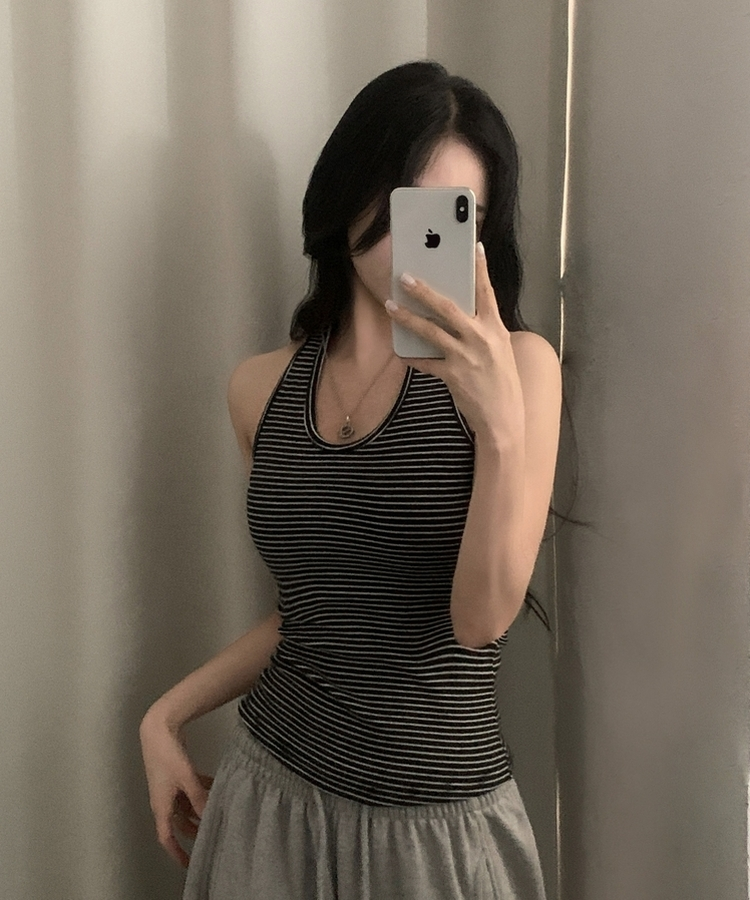 【SET】ストライプホルターキャミソール ワンショルダートレーナー BLACK