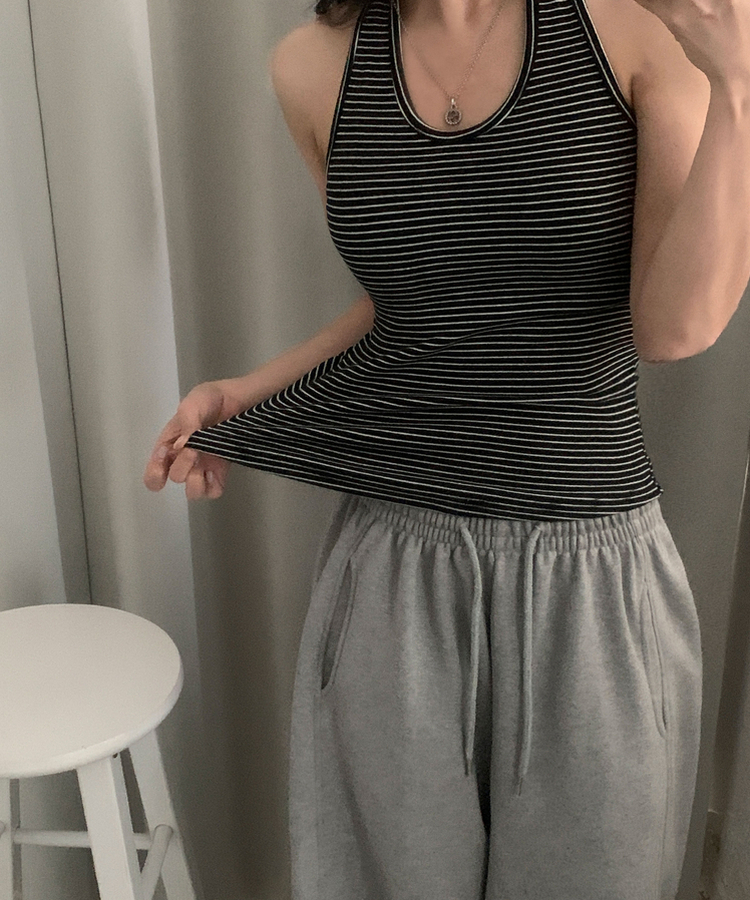 【SET】ストライプホルターキャミソール ワンショルダートレーナー BLACK