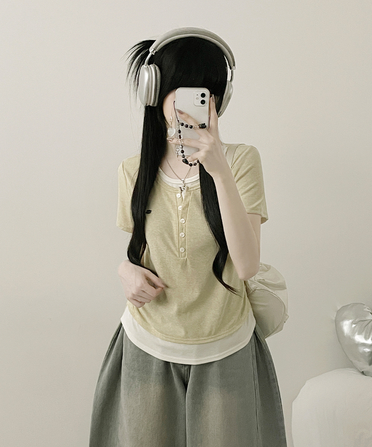 베리와펜버튼배색나시레이어드셔링반팔티 베이지