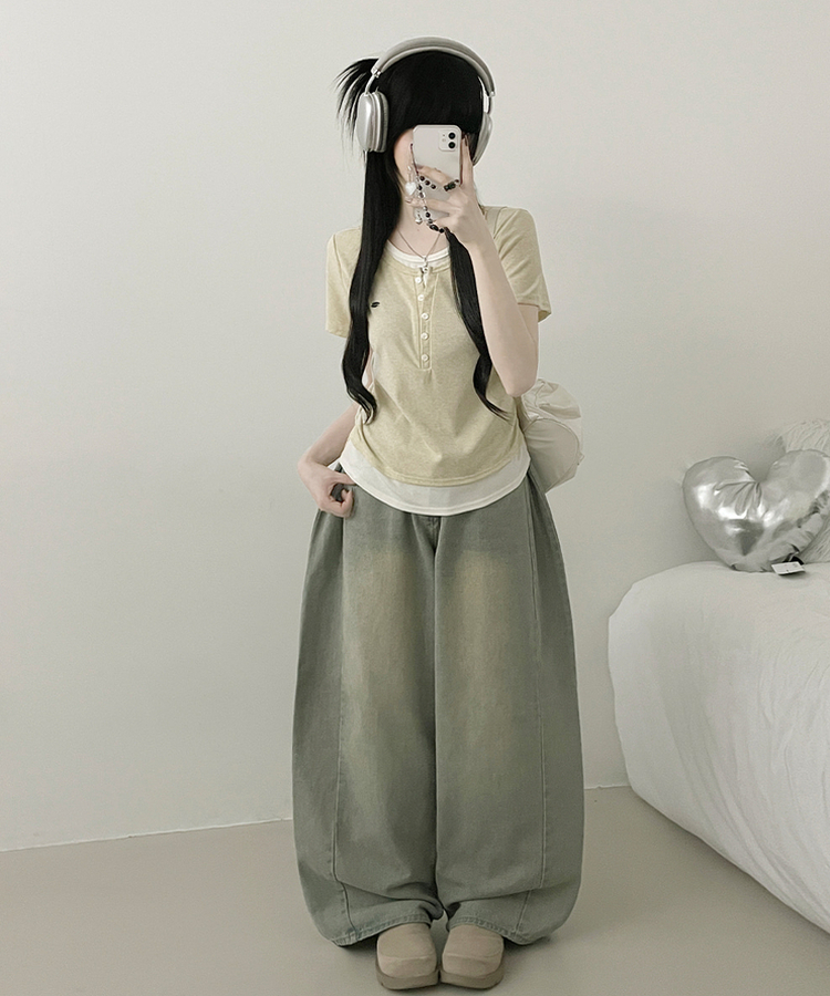 베리와펜버튼배색나시레이어드셔링반팔티 베이지