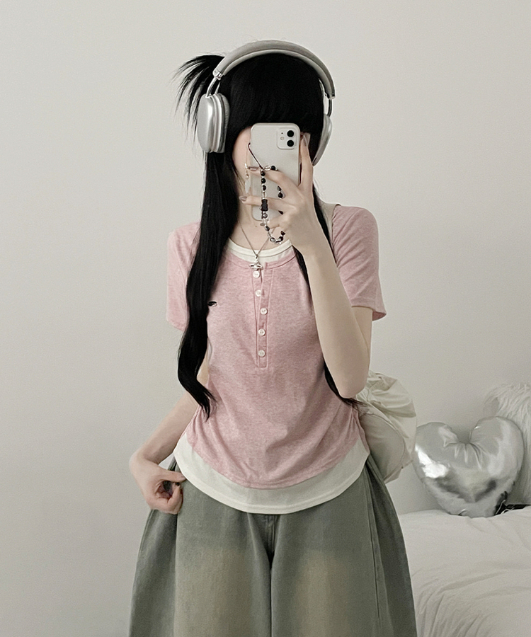 베리와펜버튼배색나시레이어드셔링반팔티 핑크