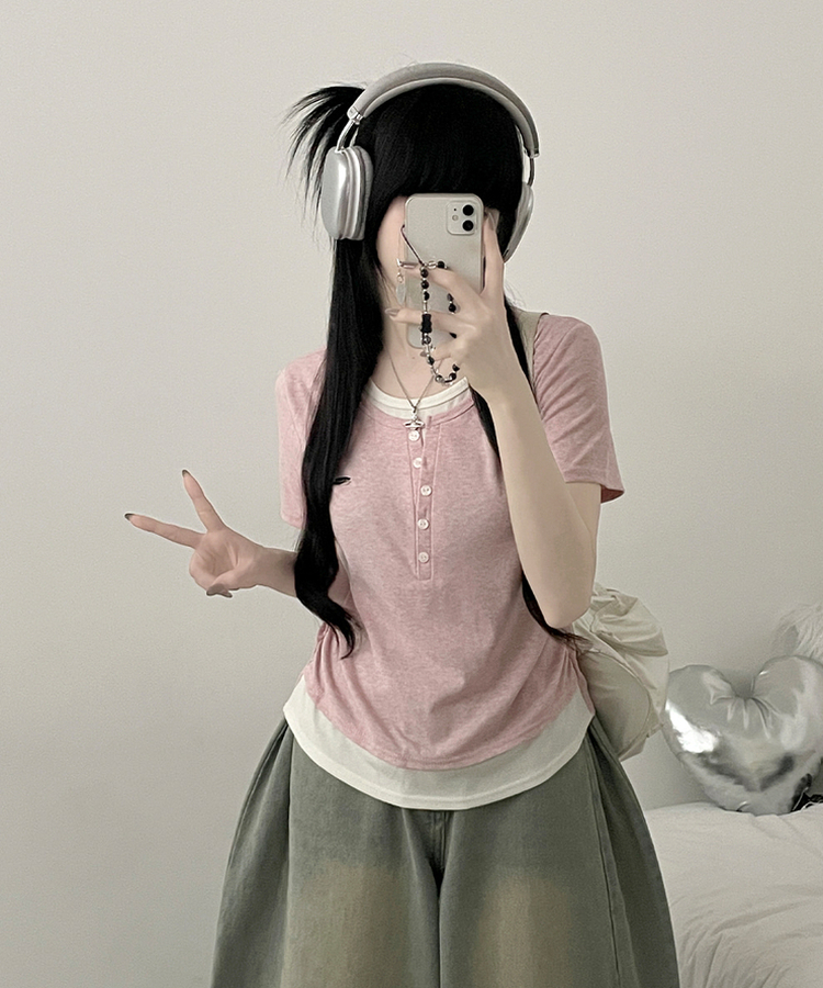 베리와펜버튼배색나시레이어드셔링반팔티 핑크