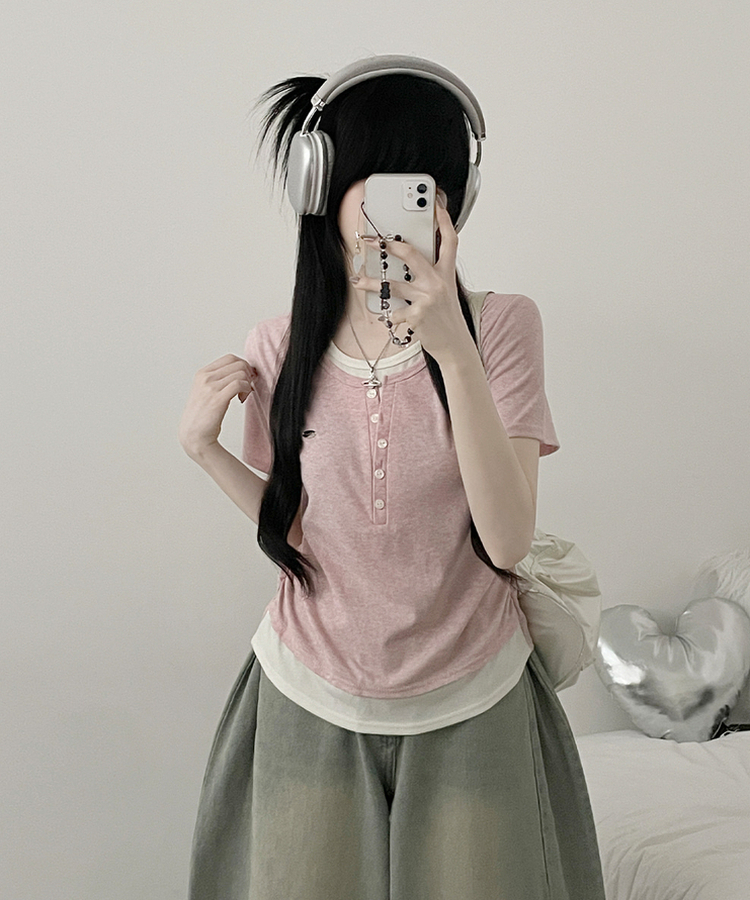 베리와펜버튼배색나시레이어드셔링반팔티 핑크