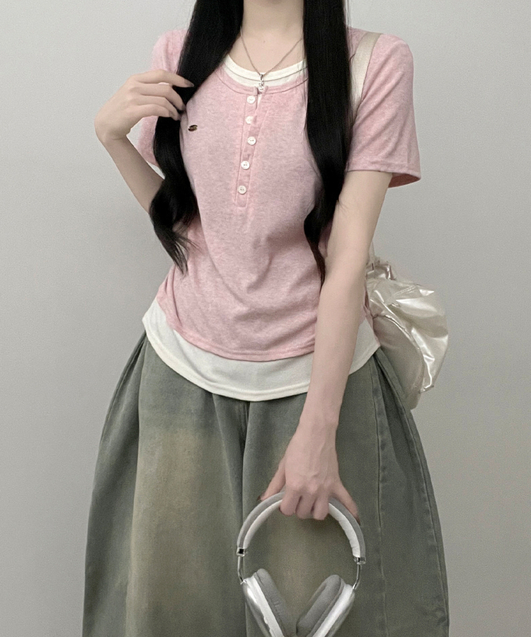 베리와펜버튼배색나시레이어드셔링반팔티 핑크