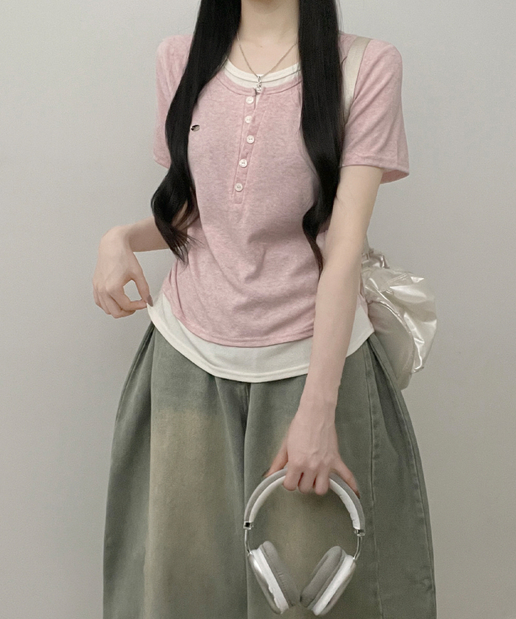 베리와펜버튼배색나시레이어드셔링반팔티 핑크