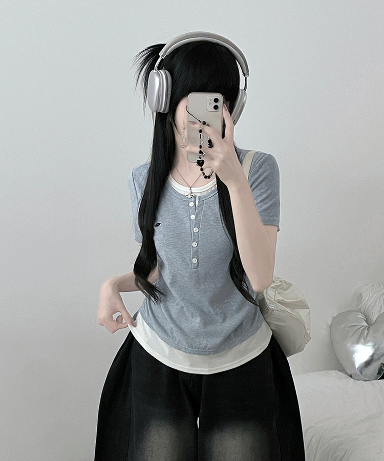 베리와펜버튼배색나시레이어드셔링반팔티 소라