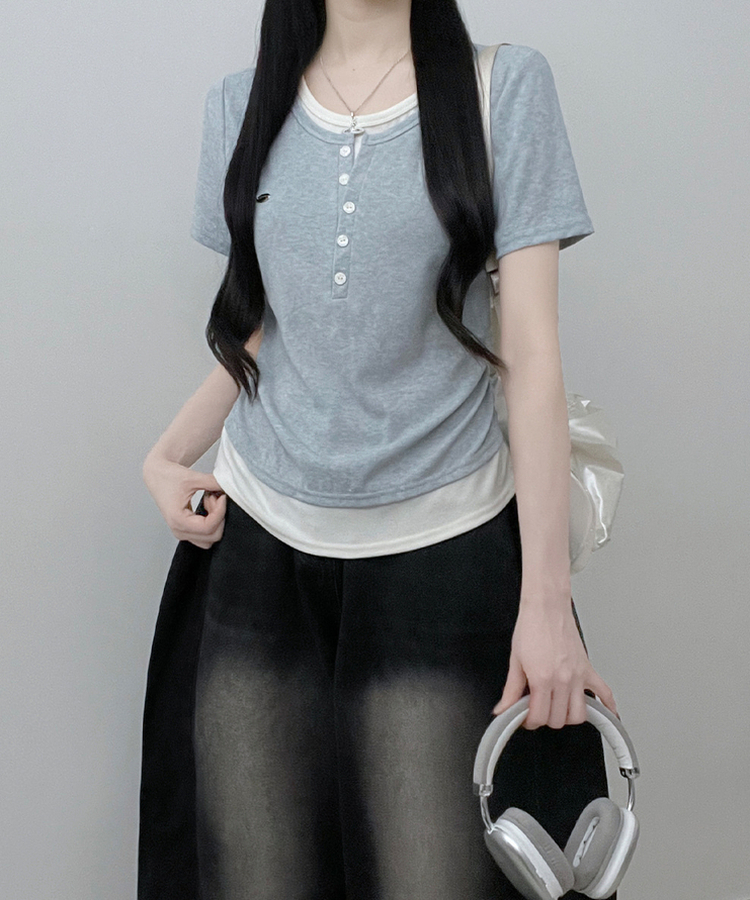 베리와펜버튼배색나시레이어드셔링반팔티 소라