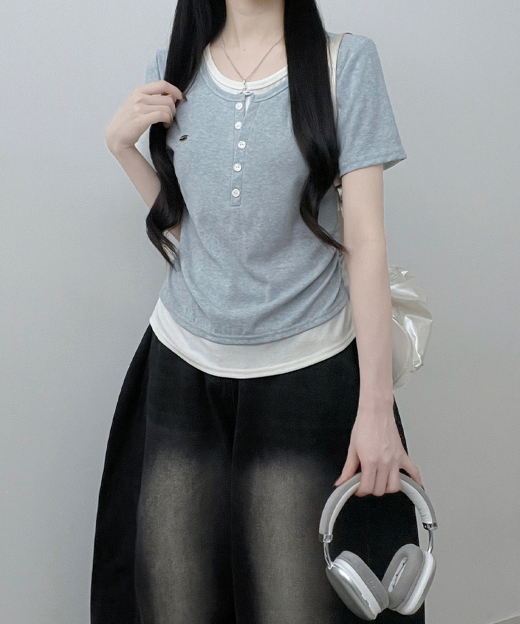 베리와펜버튼배색나시레이어드셔링반팔티 소라