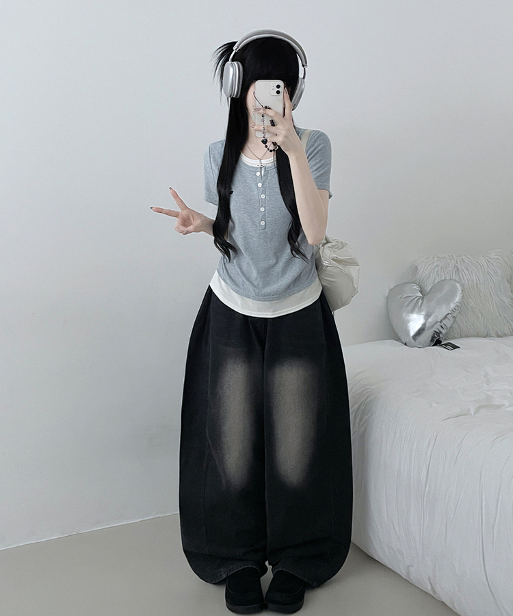 베리와펜버튼배색나시레이어드셔링반팔티 소라