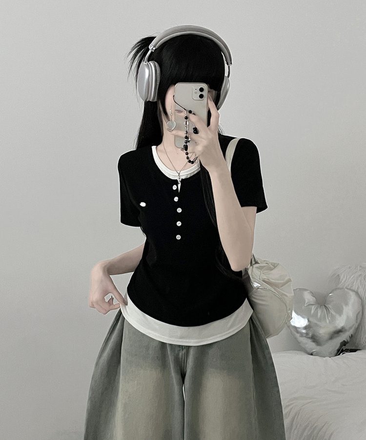 베리와펜버튼배색나시레이어드셔링반팔티 검정