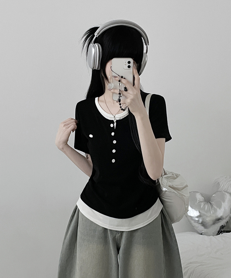 베리와펜버튼배색나시레이어드셔링반팔티 검정