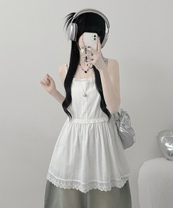 이브버튼레이스코튼프릴레이어드미니끈원피스 아이보리