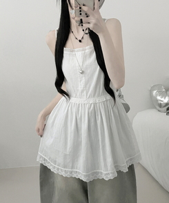 이브버튼레이스코튼프릴레이어드미니끈원피스 아이보리