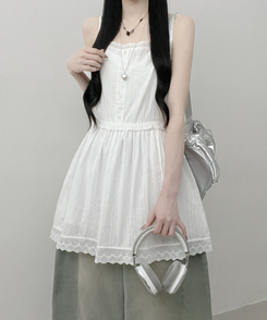 이브버튼레이스코튼프릴레이어드미니끈원피스 아이보리