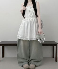 이브버튼레이스코튼프릴레이어드미니끈원피스 아이보리