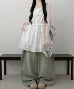 이브버튼레이스코튼프릴레이어드미니끈원피스 아이보리